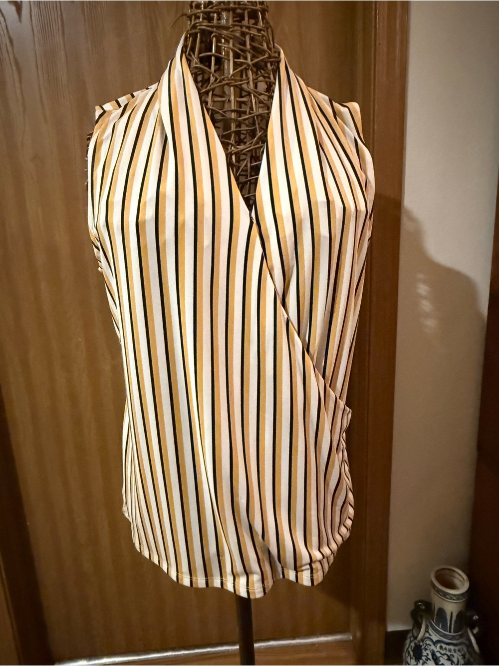 Adrianna Papell Cream Sleeveless Striped Wrap Cami with Black & Gold Stripes